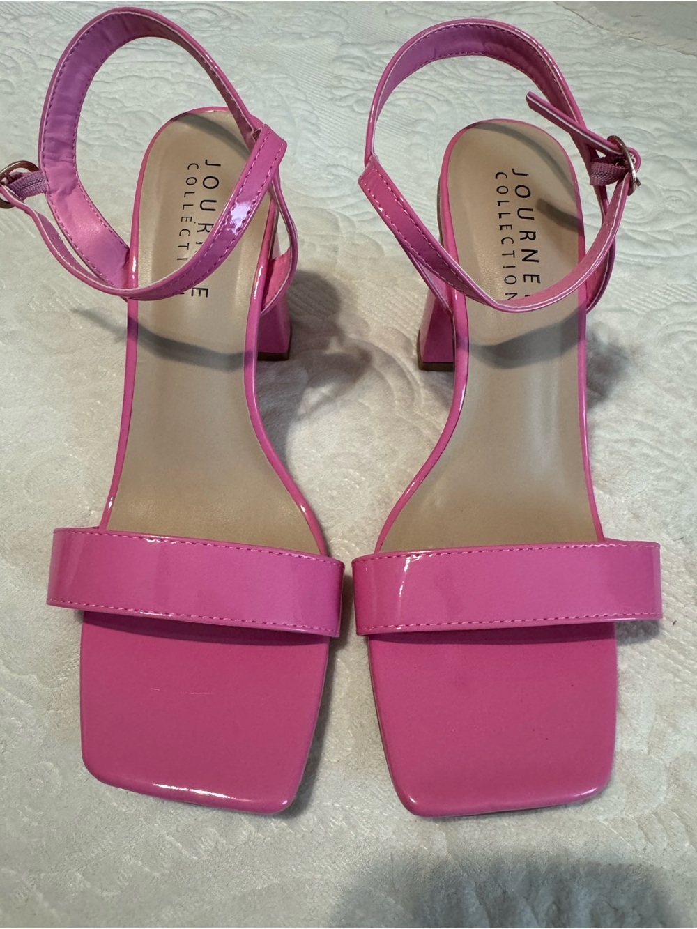 Journee Collection Hot Pink Patent Square Toe Block Heels